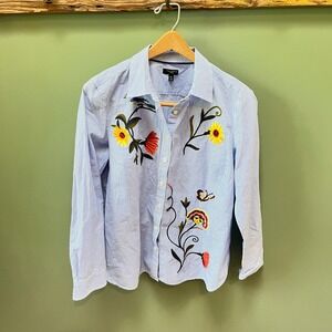 Talbots Petites Blue Striped Embroidered Floral Butterfly Button Down Shirt MP